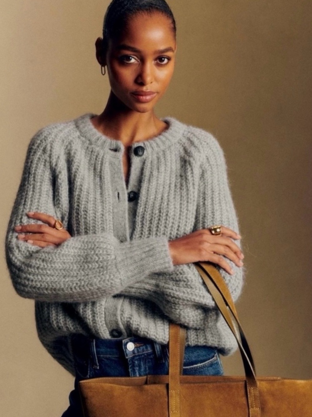 Sezane Light Gray Emile Chunky Knit Button-Up Sweater - Picture 4 of 11